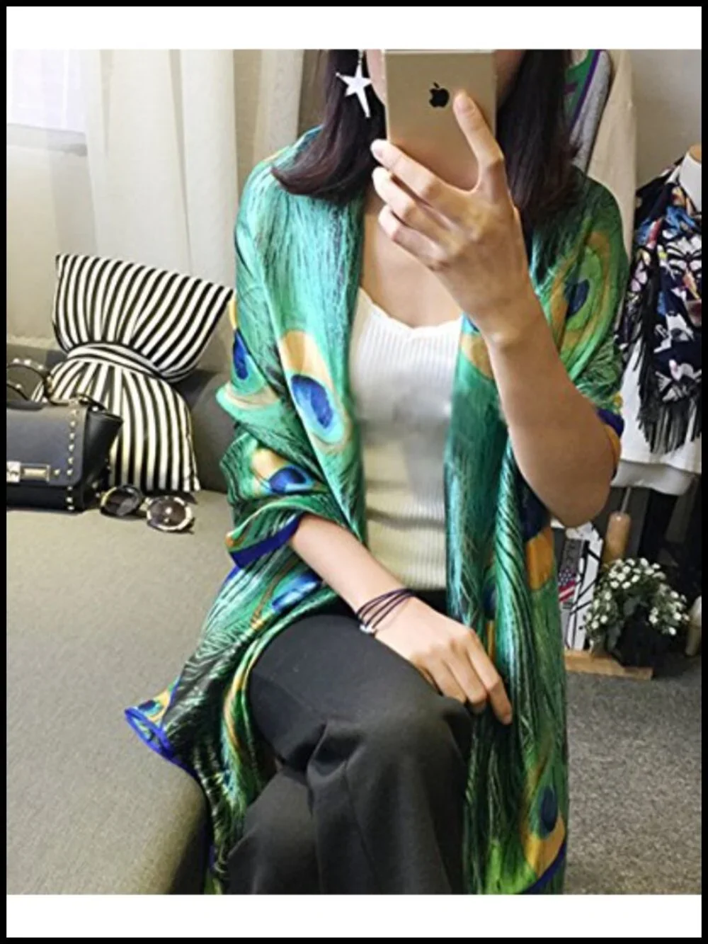 Silk-like Peacock Scarf Wrap Shawl Extra Long Pashmina Headscarf